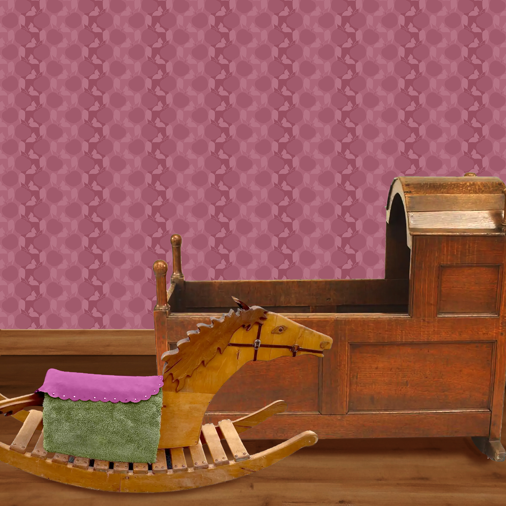 The artwork is a textile or fabric sample with a repeating pattern of apples, and Leaves. The entire design is rendered in different shades of muted reddish-pink, creating a monochromatic effect.  The apples are round and prominent, surrounded by simple, stylized leaves and butterflies, creating a harmonious and nature-inspired motif. The arrangement is dense, ensuring no empty spaces, which gives the fabric a rich and textured visual appeal. The wallpaper design is shown in a Mission style nursery.